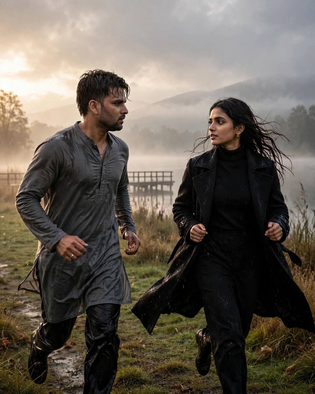 Couple running side by side through mist on a lakeside field at dawn with a wooden pier behind