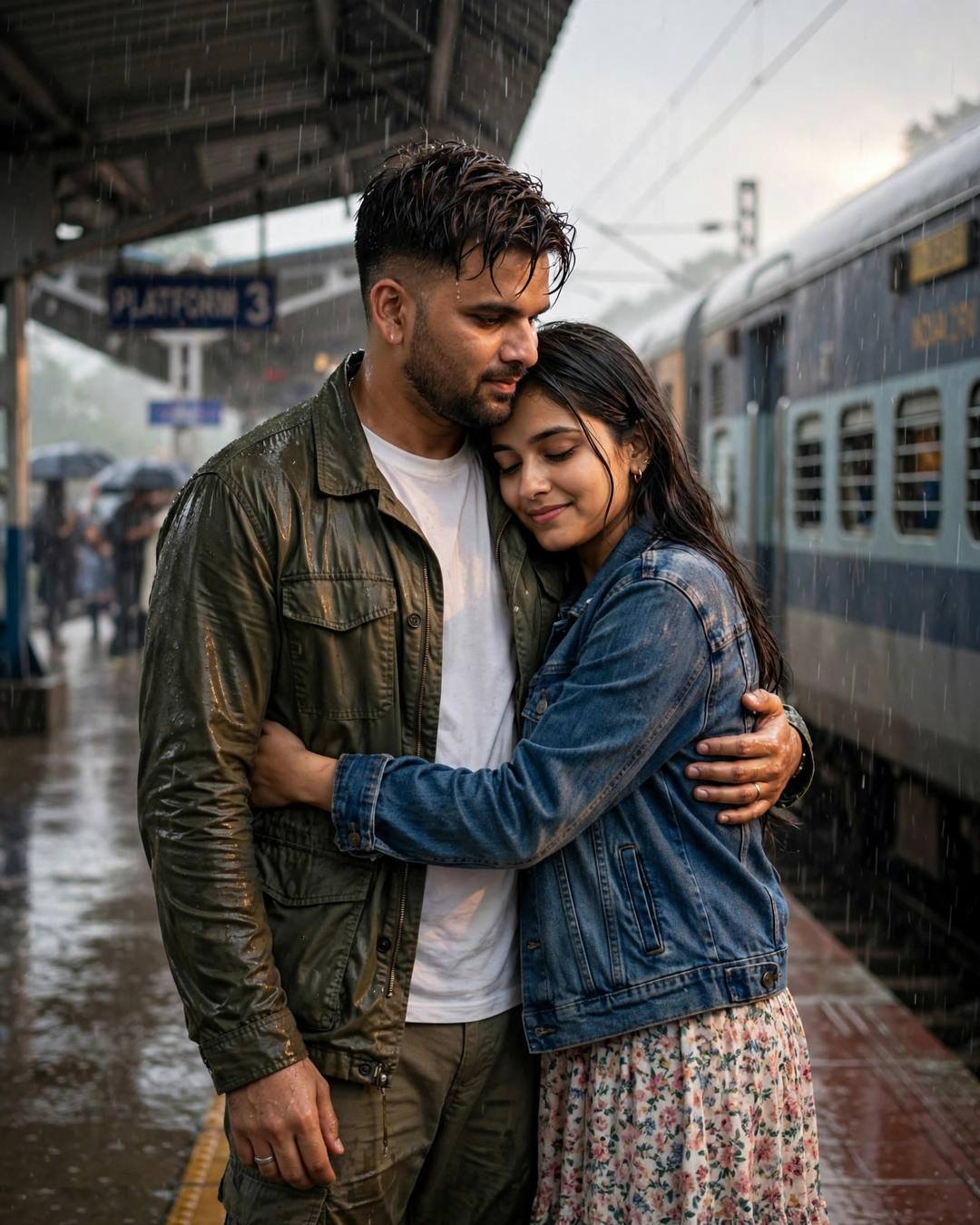 Couple sharing one last hug on a rainy railway platform as the train waits