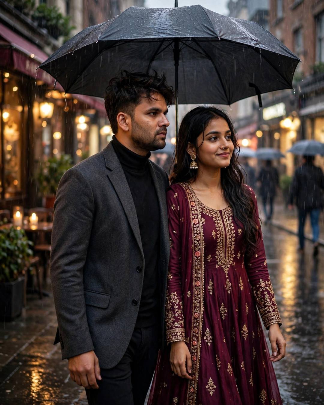 Couple walking side by side under one umbrella on a rain-soaked cafe street