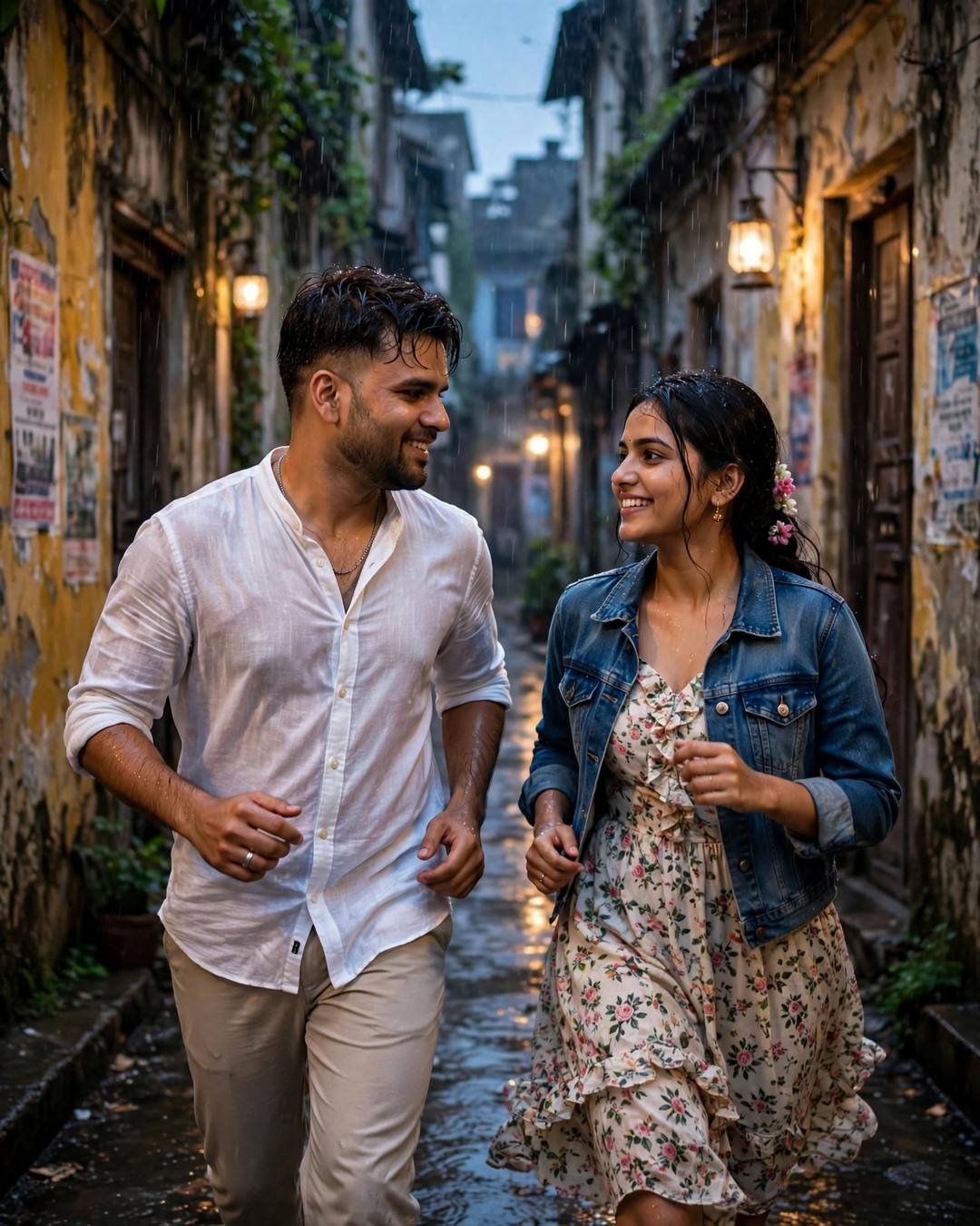 Couple running and laughing through a narrow old-city lane in light rain with lanterns glowing