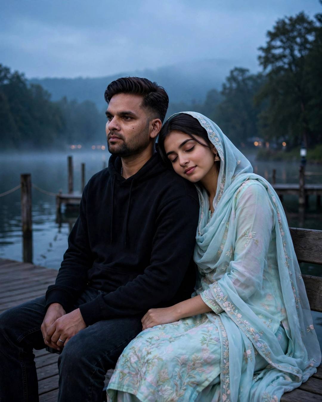 Couple on a bench at a lake pier at night, her head resting on his shoulder, blue-hour gloom