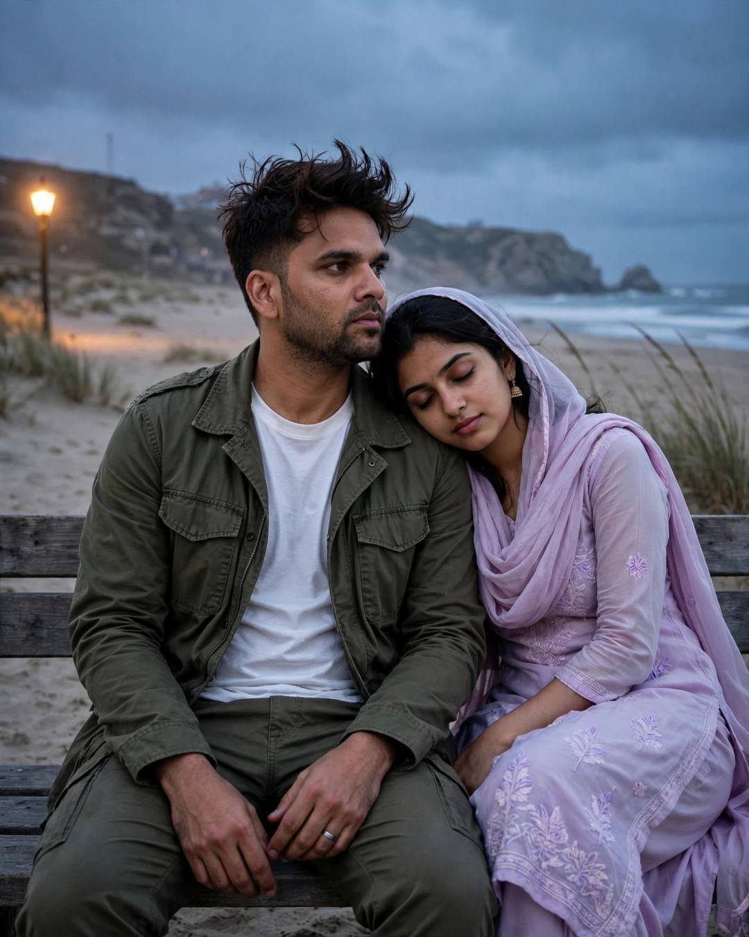 Couple on a bench at a deserted beach at dusk, her head on his shoulder, blue hour and sodium lamp