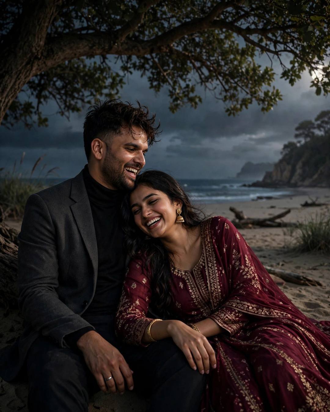 Couple laughing under a tree on a deserted beach at dusk, her head in his lap, dramatic storm light