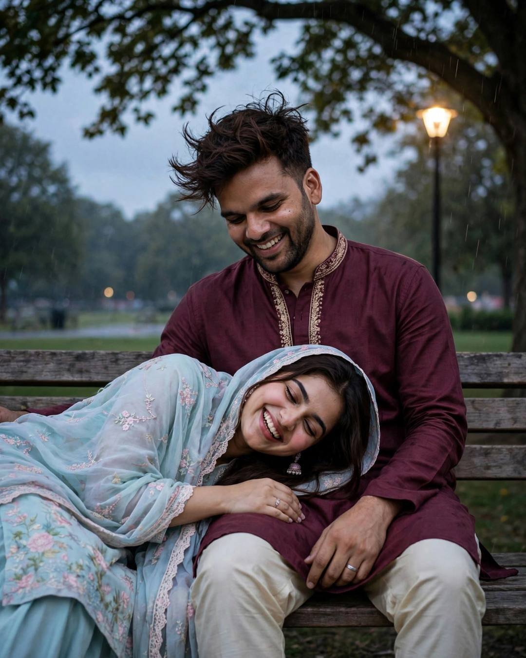 Couple laughing on a park bench under a lone lamp at blue hour, her head in his lap