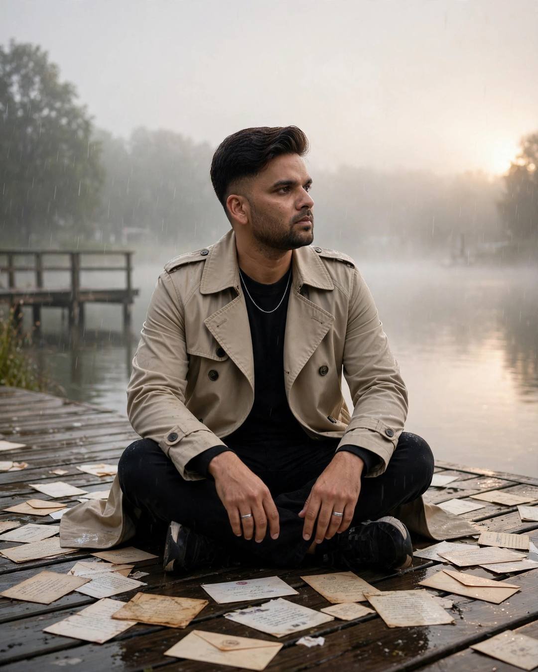 Young Indian man in beige trench coat sitting cross-legged on a misty lake pier at dawn, surrounded by old letters
