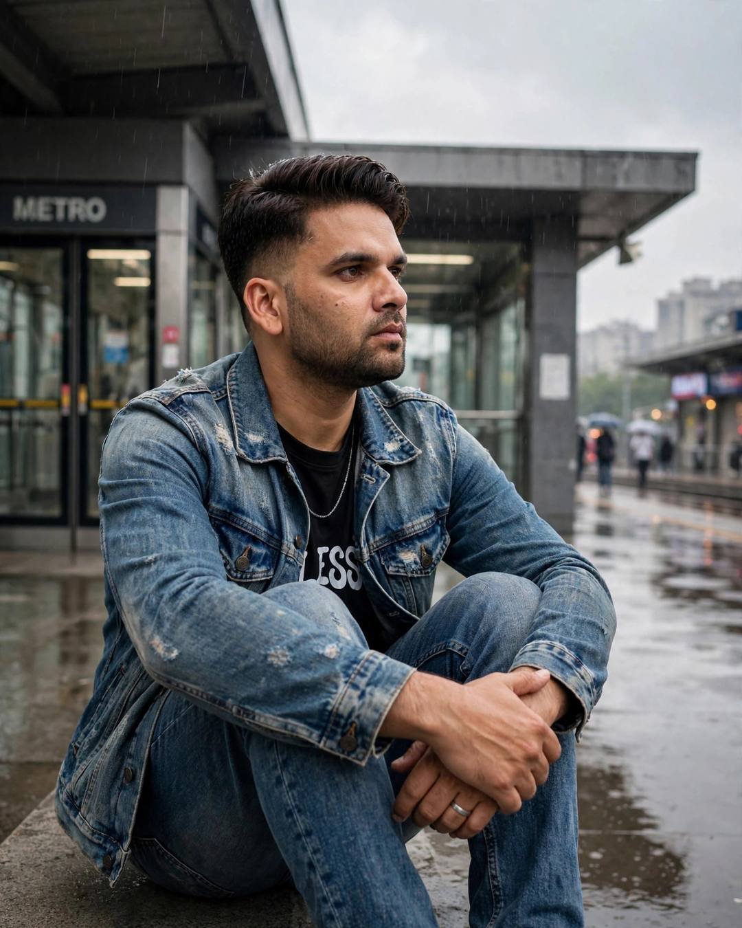 Young Indian man in distressed denim jacket sitting with knees drawn up at a rainy metro station entrance