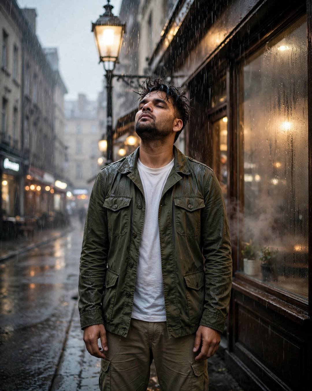 Young Indian man in olive field jacket standing in the rain outside an old cafe with fogged windows