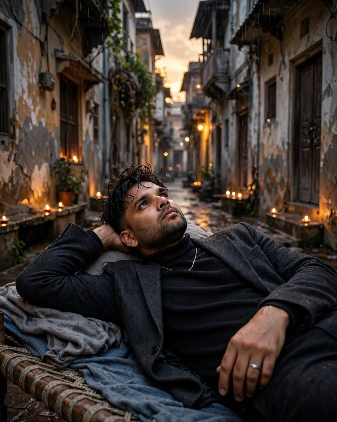 Young Indian man in charcoal blazer reclining on a charpai in an old-city lane glowing with diyas