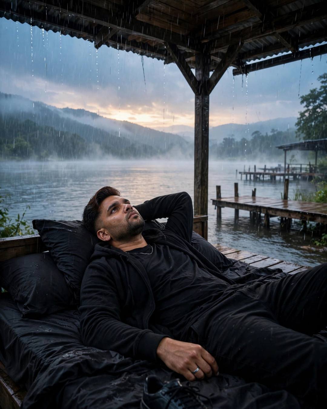 Young Indian man in black streetwear lying on a bed under a wooden shelter at a misty lake pier in the rain