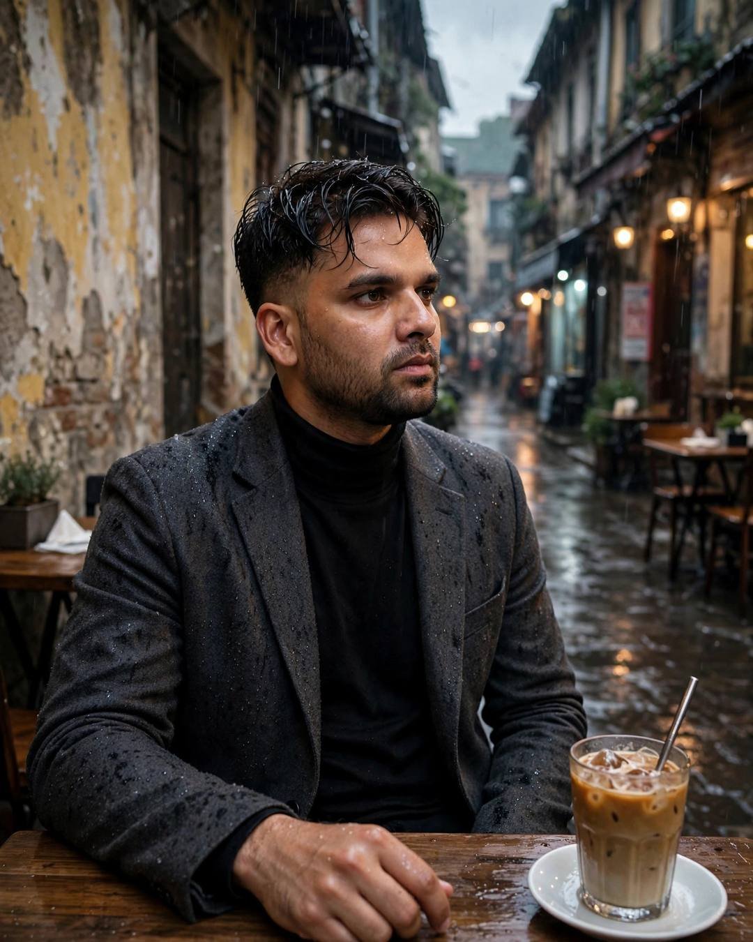 Young Indian man in charcoal blazer sitting at a cafe table with iced coffee in an old-city lane