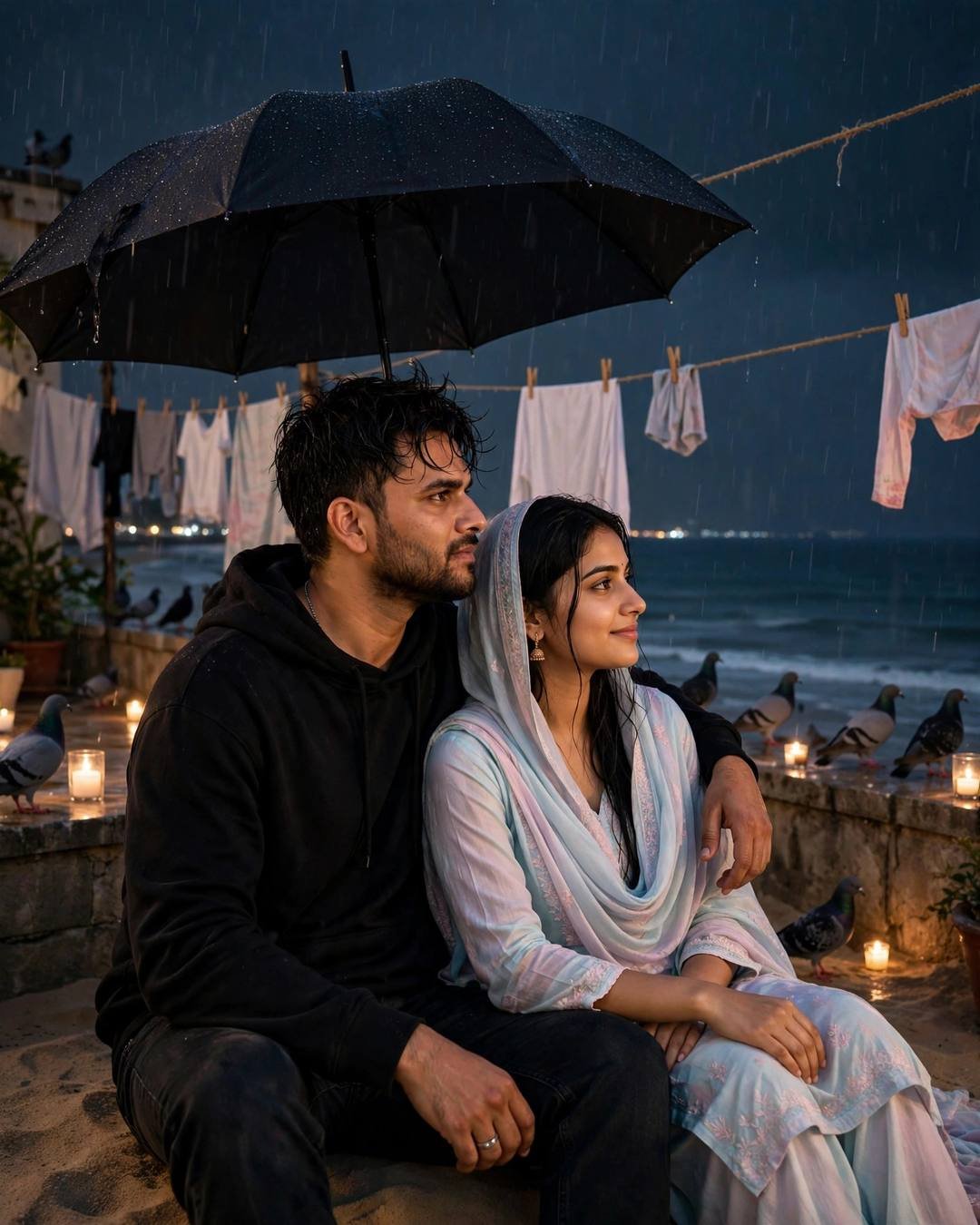 Couple sitting under one umbrella on a rainy terrace by the sea at night, man in black hoodie with arm around woman in pastel salwar-kameez