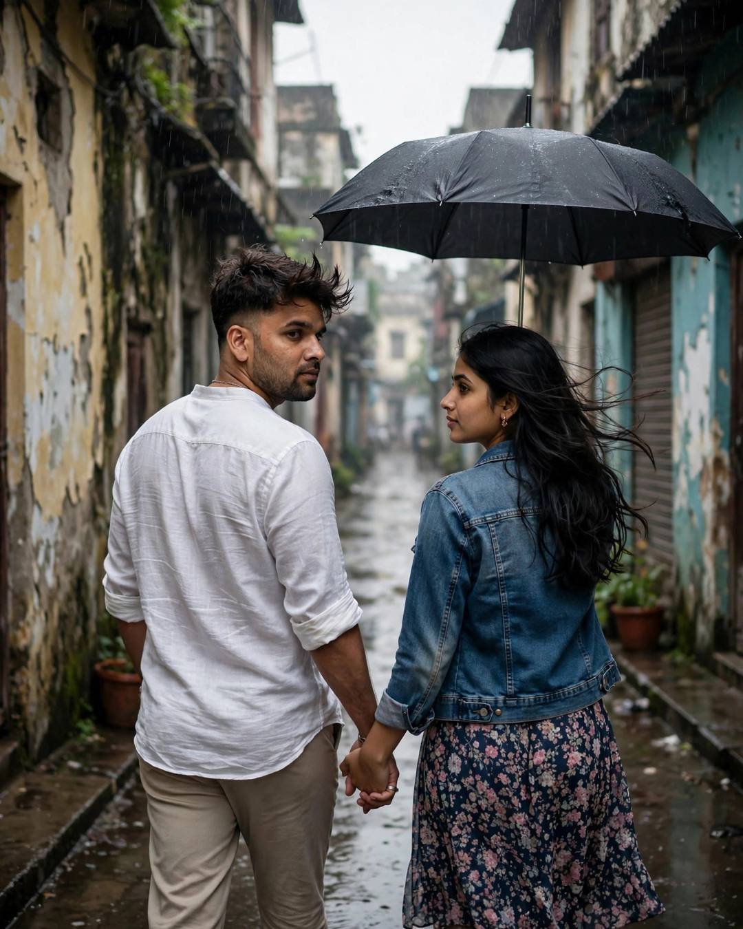Couple holding hands under a black umbrella walking down a rainy old-city lane at dawn, glancing back at the camera
