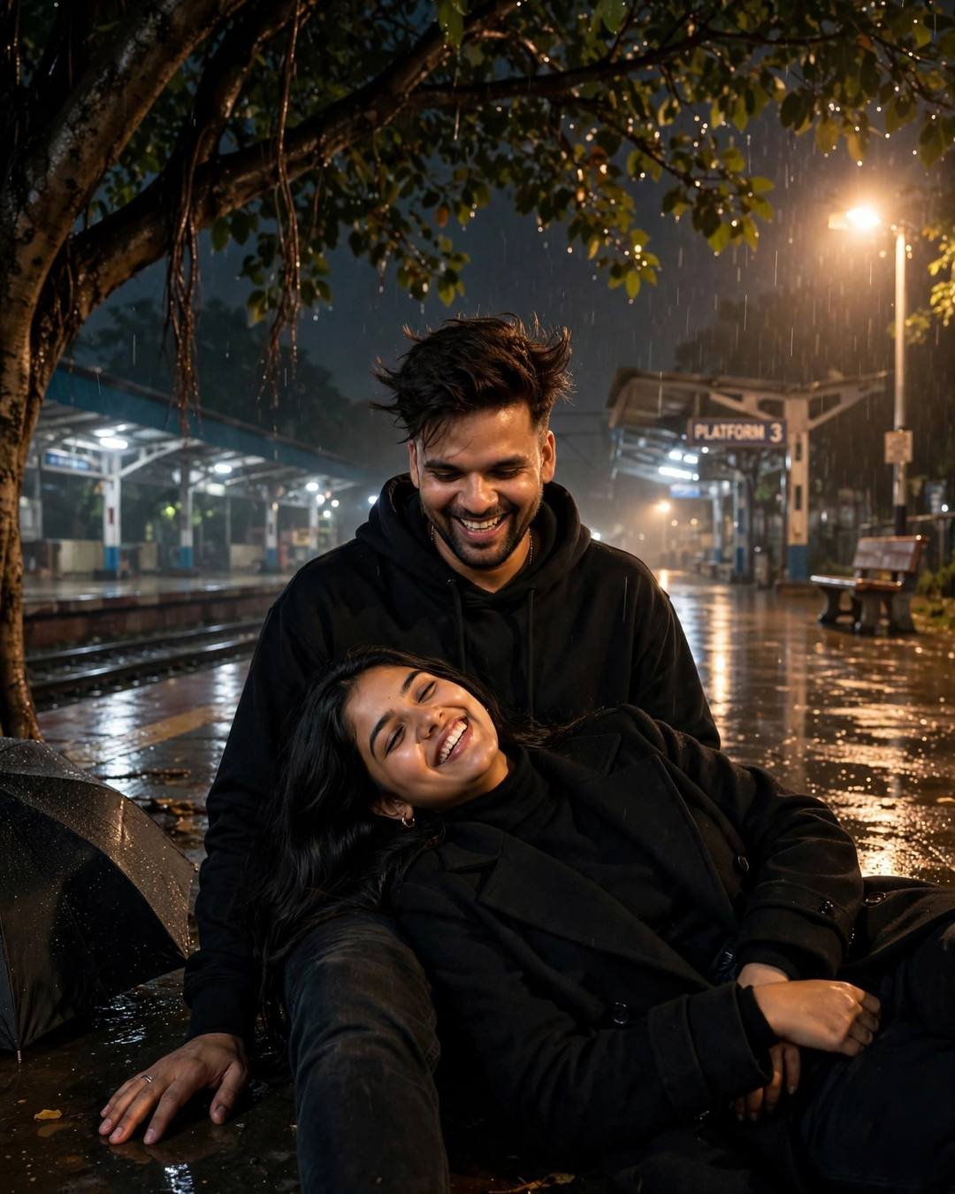 Laughing couple on an empty railway platform at night, woman resting her head in the man's lap, wet streets glowing under platform lamps