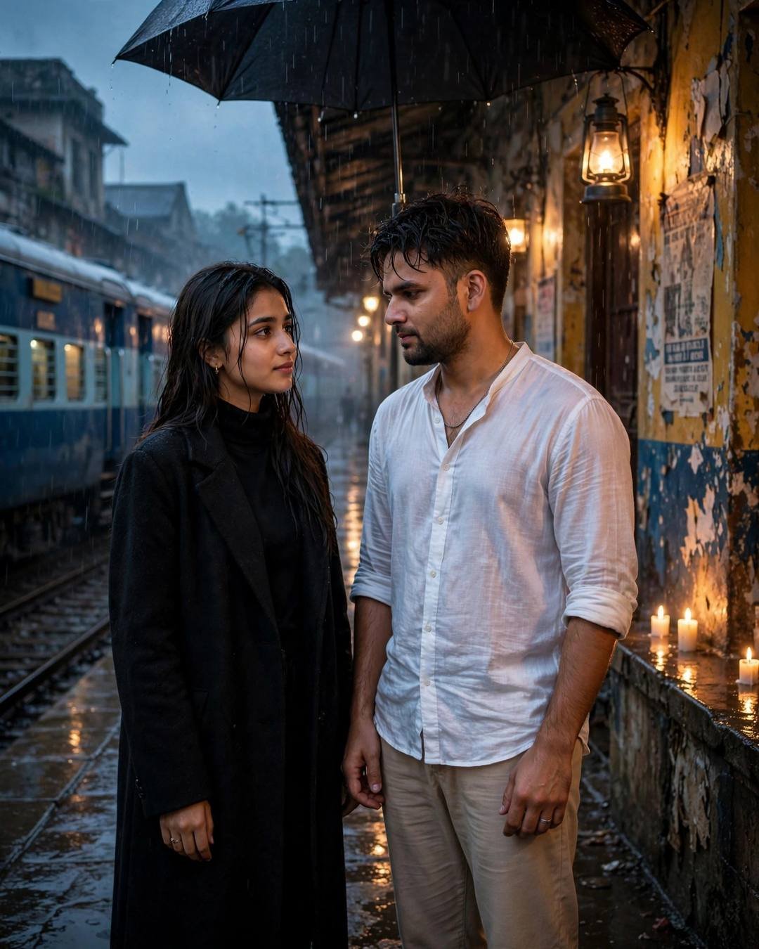 Couple sharing a last embrace under an umbrella on a rainy railway platform at blue hour, candles burning on a peeling wall