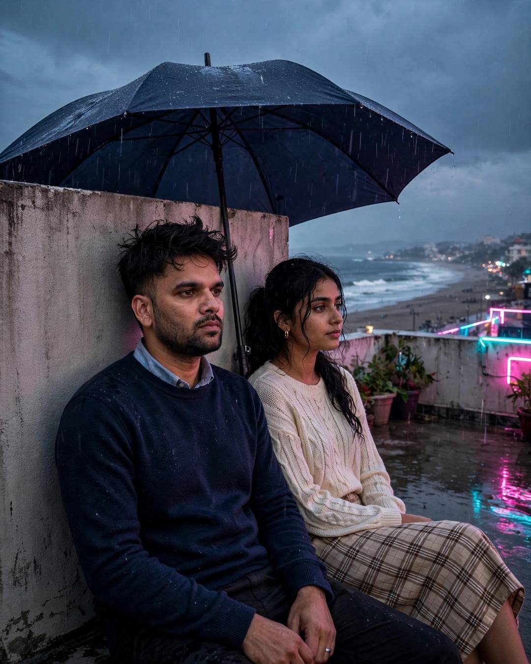 Couple sitting under one umbrella on a rainy rooftop overlooking a beach town at dusk, neon pink and cyan light on wet surfaces