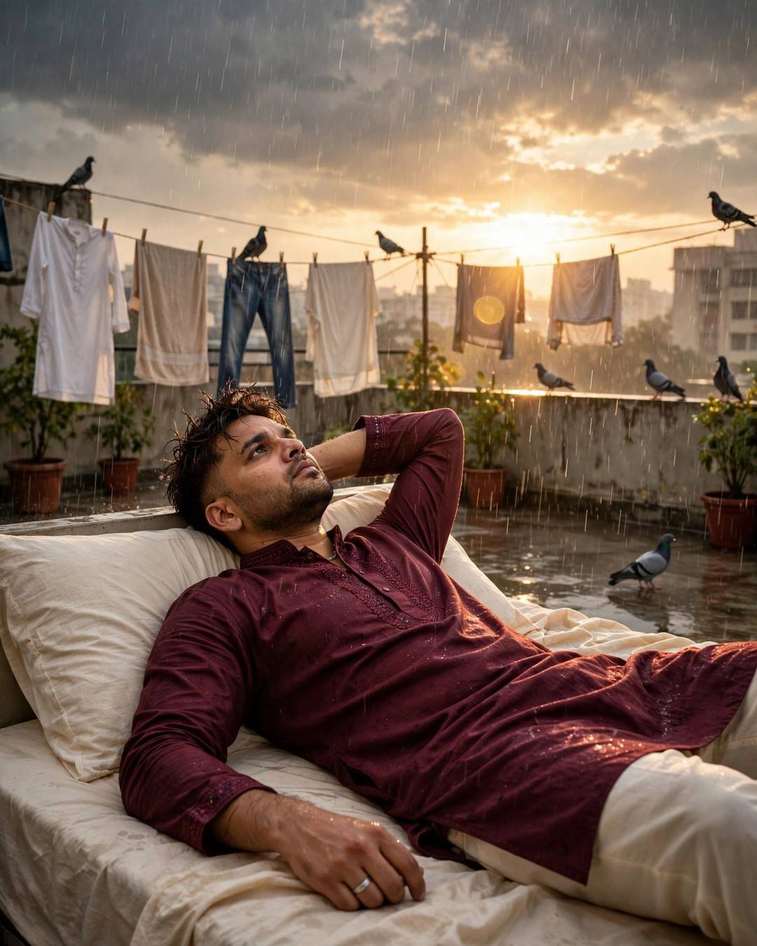 Young Indian man in a maroon kurta reclining on a bed on a rainy terrace with clothes lines and pigeons, golden-hour sun flaring through monsoon rain