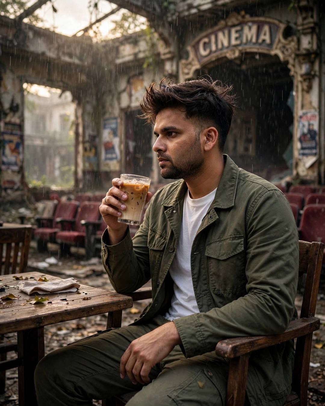 Young Indian man in an olive field jacket sitting at a cafe table inside an abandoned cinema hall in light rain, cradling a cold coffee, golden-hour overcast light
