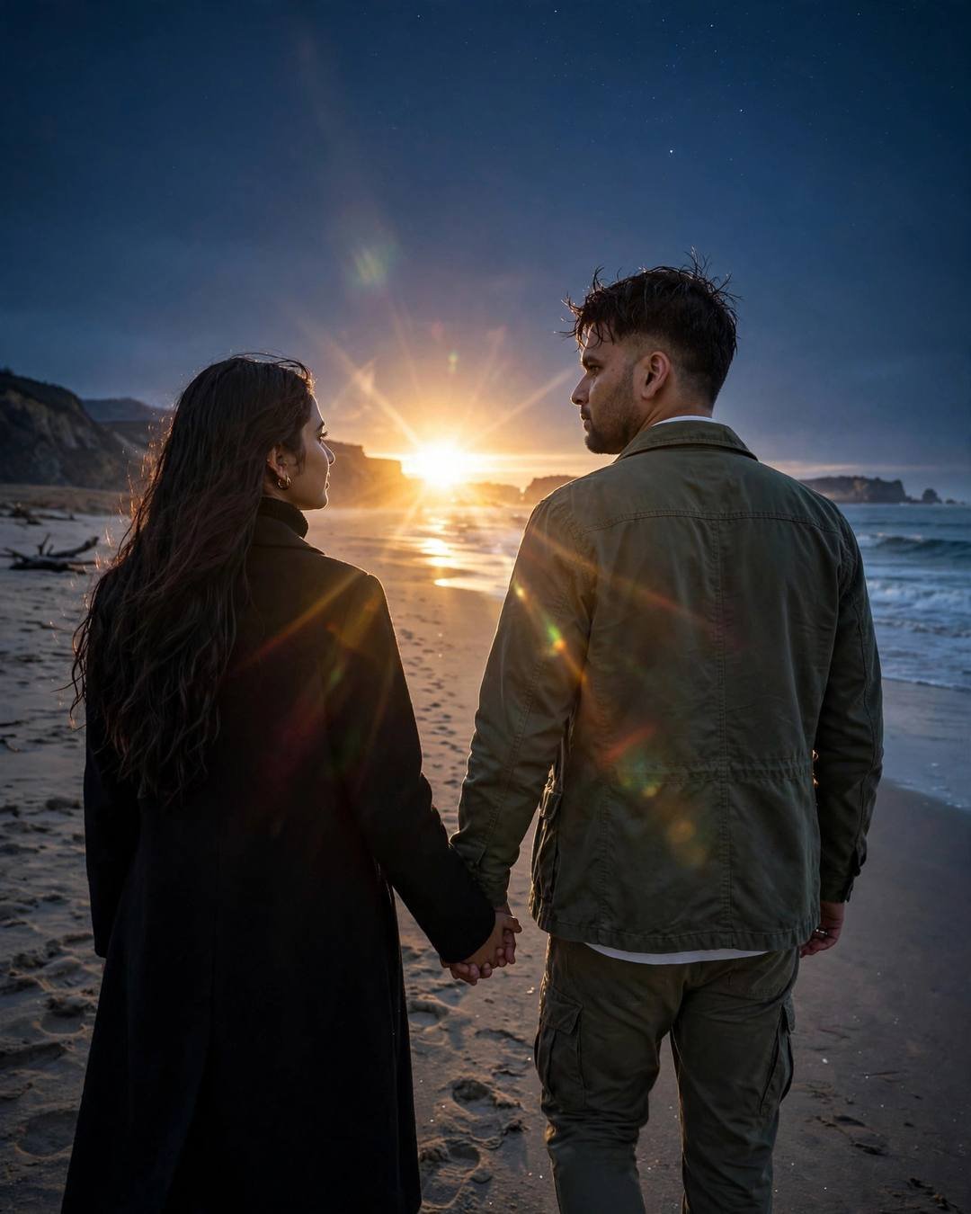 Couple walking hand in hand away from the camera on a deserted beach toward a golden sunset