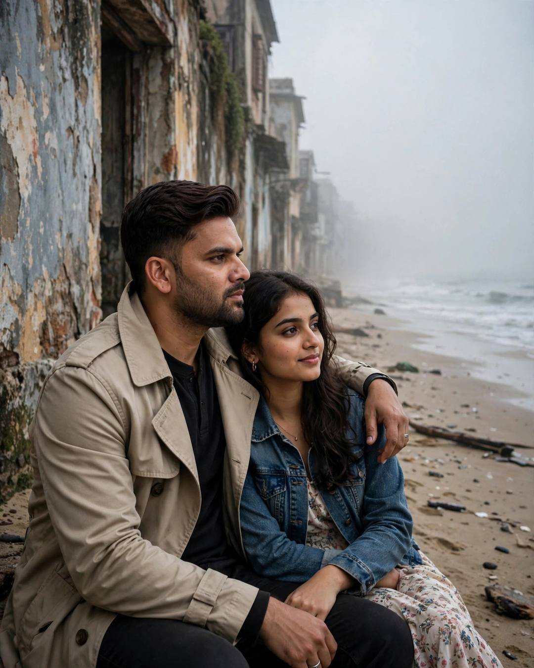Young couple sitting on sand at the foot of an old city lane with peeling walls, his arm around her, watching sea waves in morning fog
