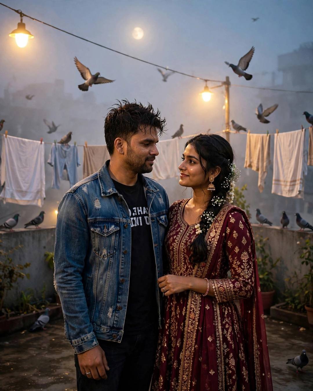 Young couple standing close on a rooftop terrace at golden hour, woman in maroon anarkali, drying clothes and pigeons around them