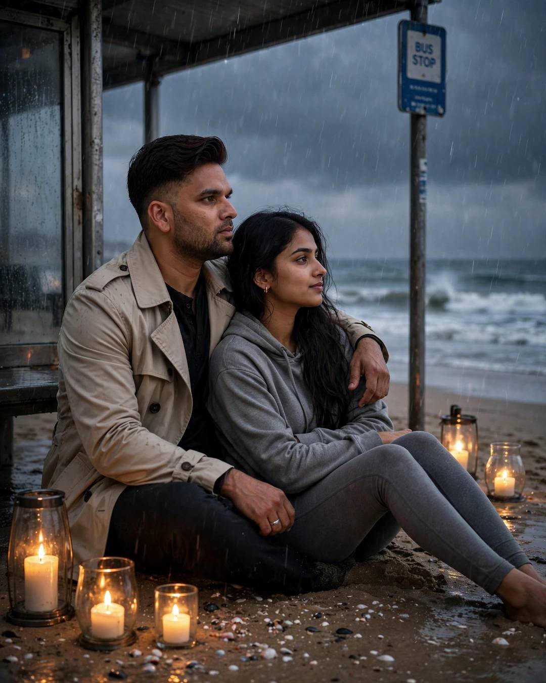 Young couple sitting close on sand at a seaside bus stop in the rain, his arm around her, candles in glass jars around them