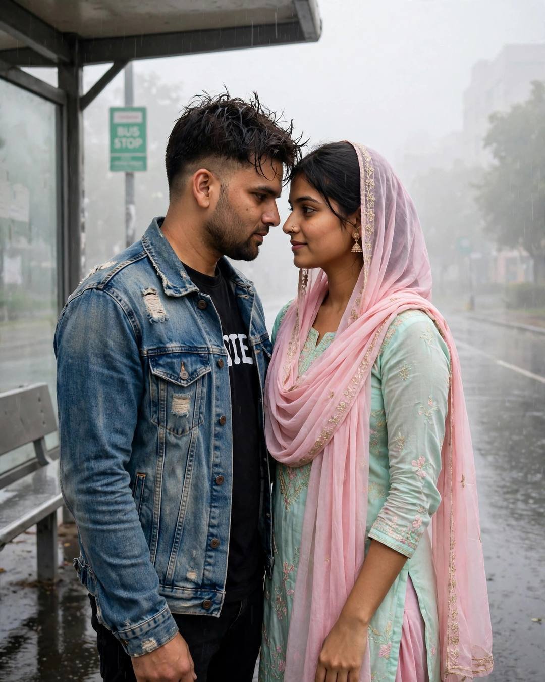 Indian couple face to face with foreheads almost touching at a rainy bus stop, man in denim jacket, woman in pastel salwar-kameez