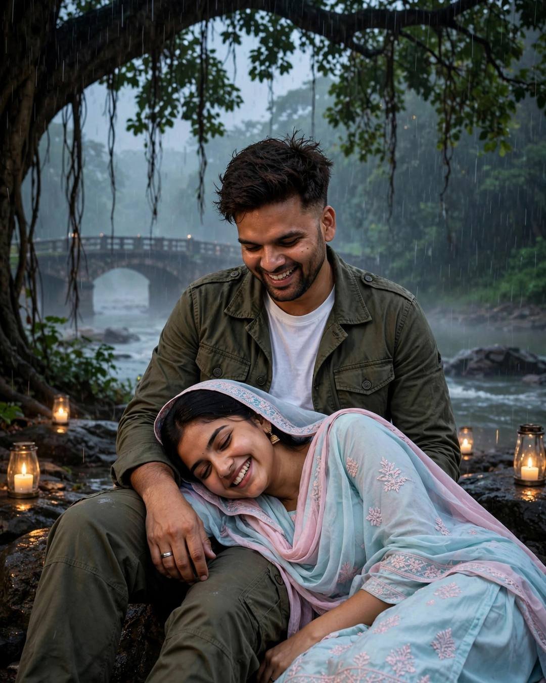 Indian couple under a tree by a river bridge in monsoon rain, woman with head in man's lap, both laughing, candles glowing