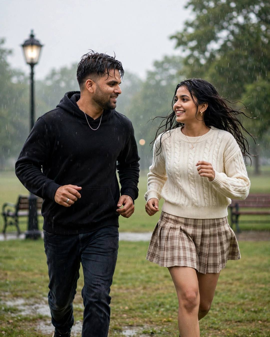 Indian couple running and laughing through a drizzling park, man in black hoodie, woman in cream knit top and plaid skirt