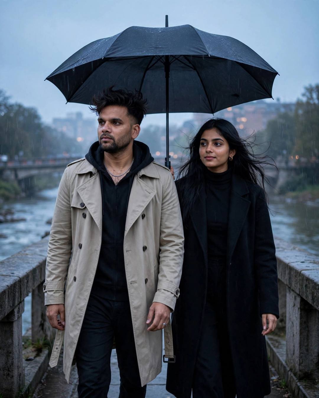 Indian couple under one umbrella on a bridge at blue hour, man in beige trench coat, woman in black turtleneck and coat, river below