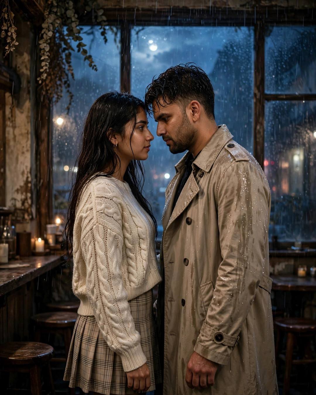 Couple standing face to face with foreheads almost touching in an old cafe, fogged windows with moonlight and drizzle behind them