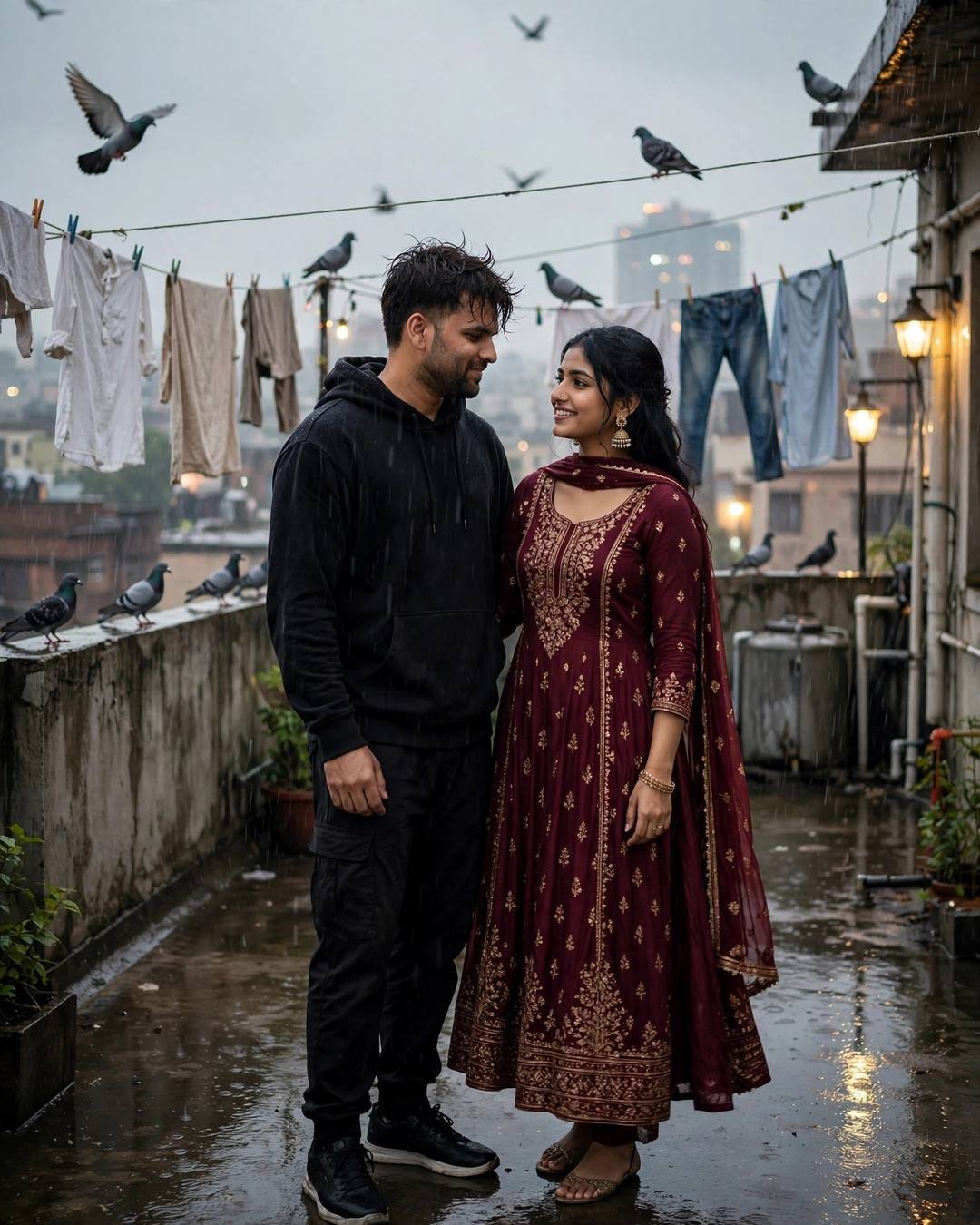 Couple slow-dancing on a rainy rooftop terrace, man in black streetwear, woman in maroon anarkali, clothes lines and pigeons around them