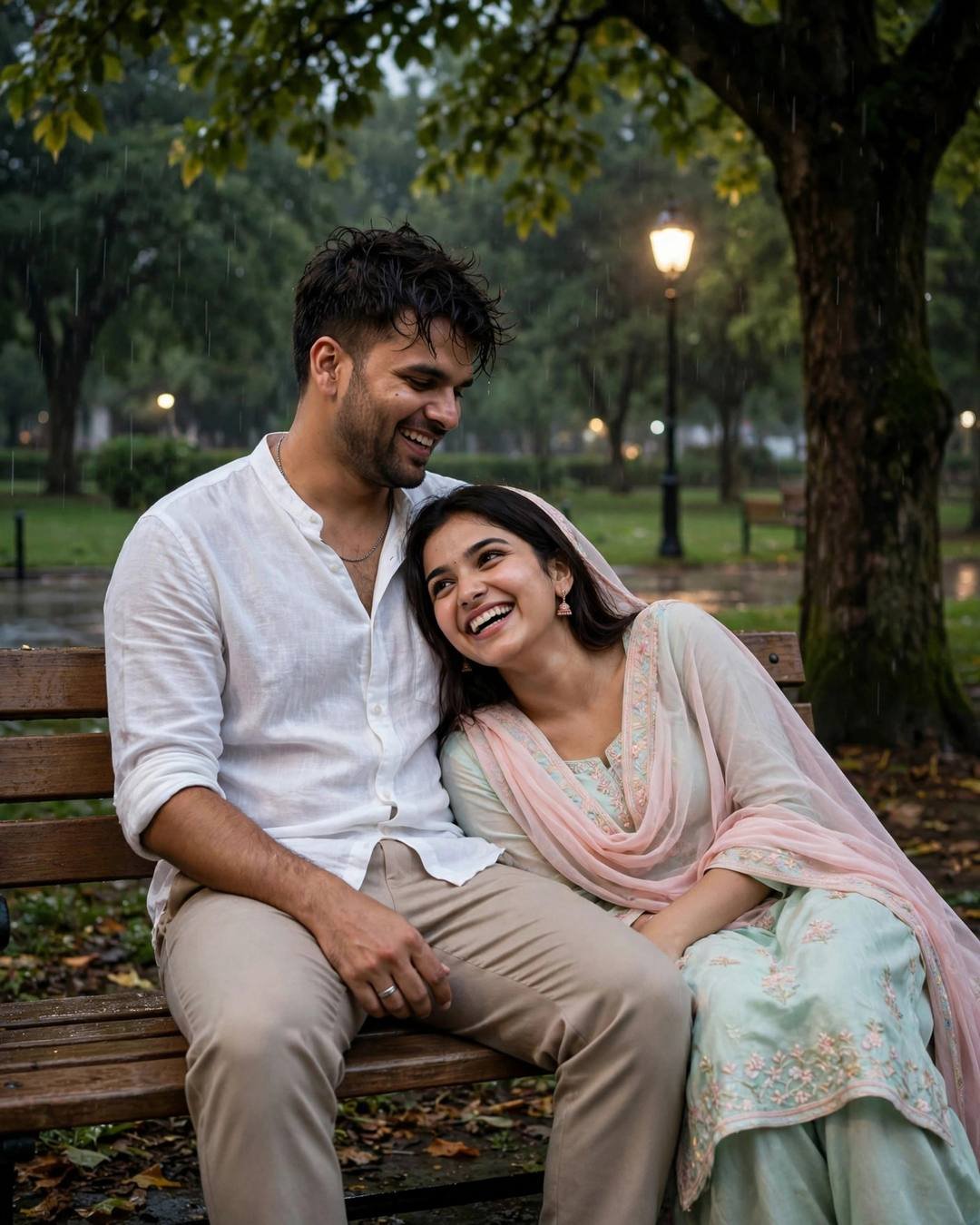 Laughing couple on a park bench under a lone lamp in the rain, woman leaning her head on the man's shoulder