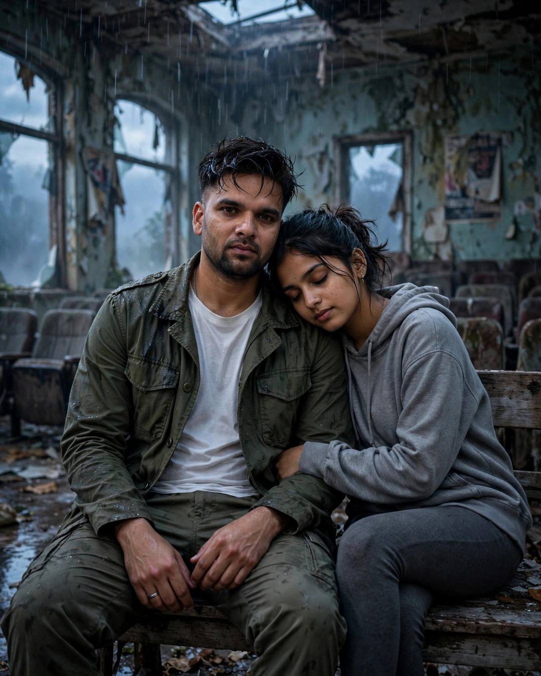 Couple sitting on a bench inside an abandoned cinema hall at dawn, woman resting her head on the man's shoulder, rain falling through the broken roof