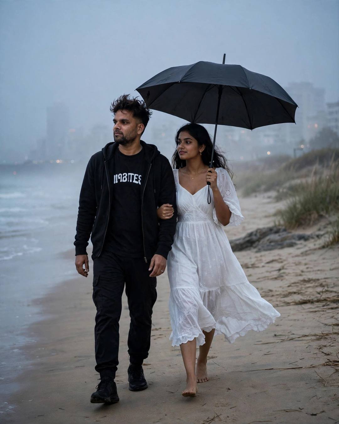 Couple walking under one umbrella on a foggy deserted beach, woman in white dress, man in black streetwear