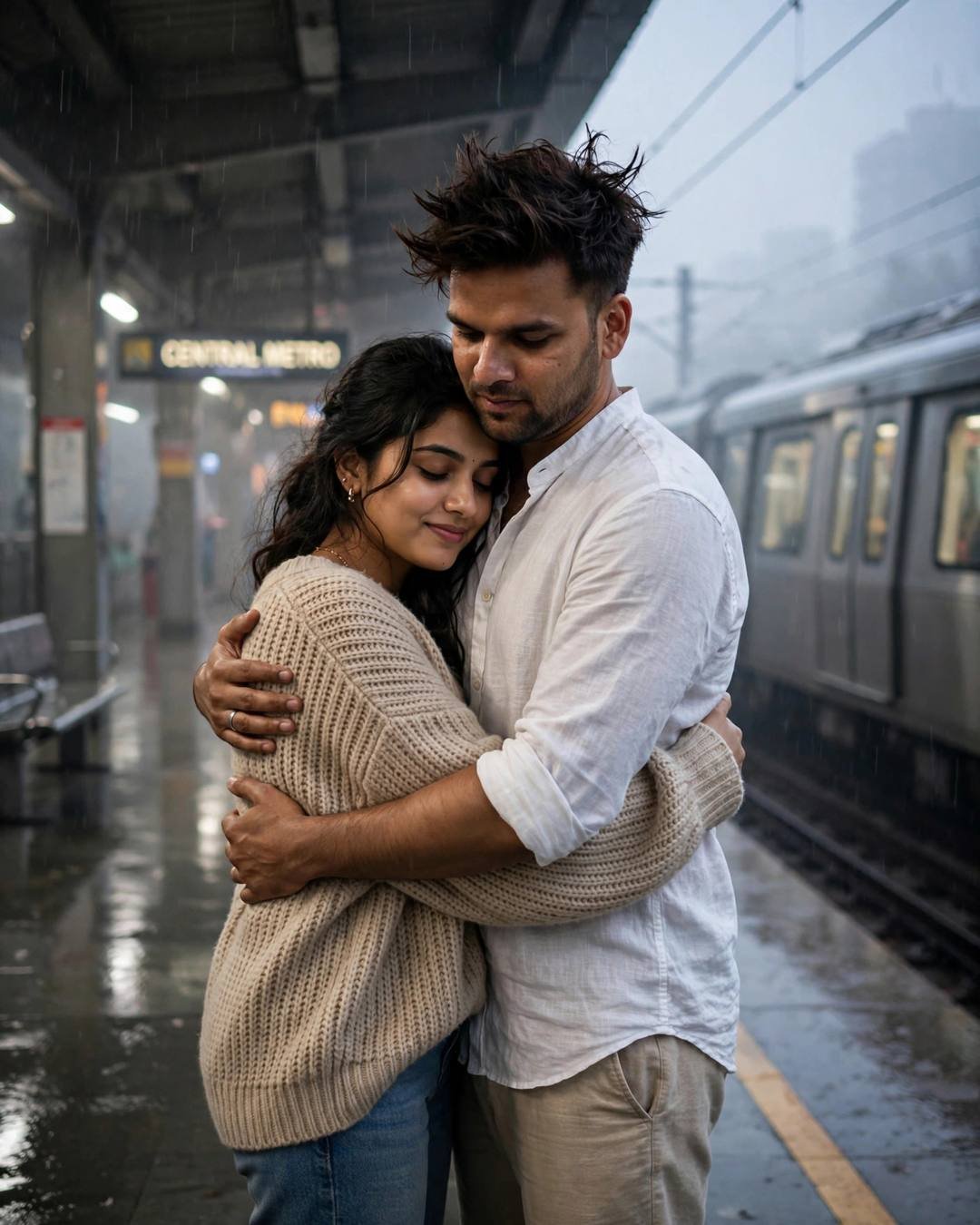 Couple embracing in a farewell hug on a rainy metro platform with a waiting train