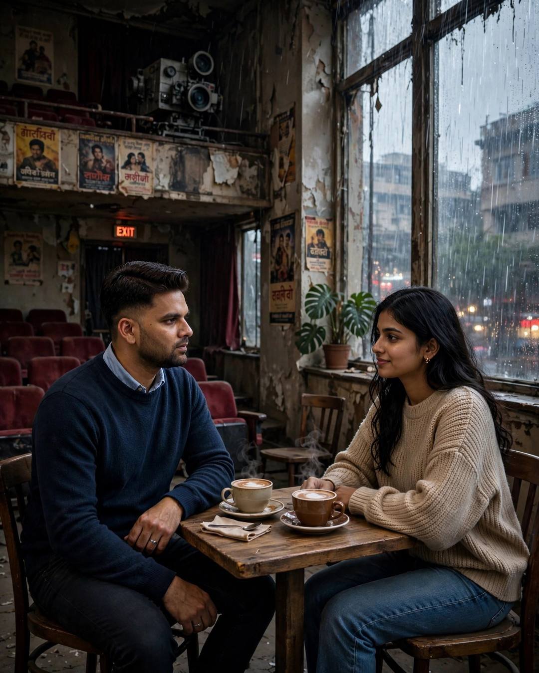 Couple having coffee at a wooden table inside an abandoned cinema hall with vintage posters