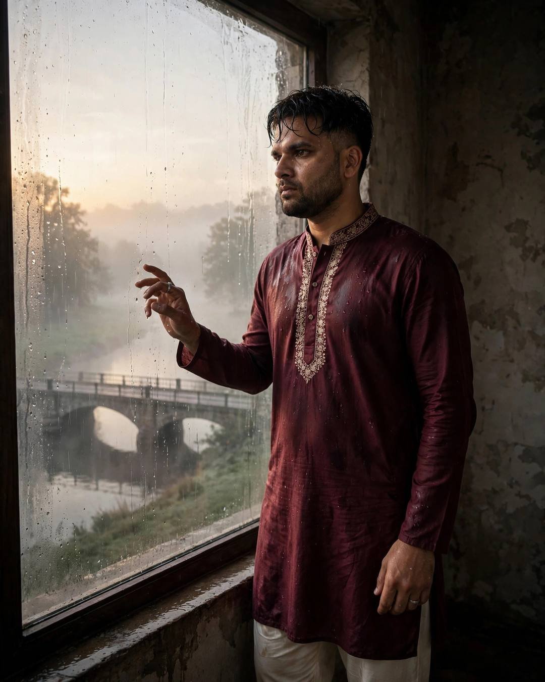 Young man in maroon kurta standing at a rain-streaked window overlooking a bridge over a river at dawn