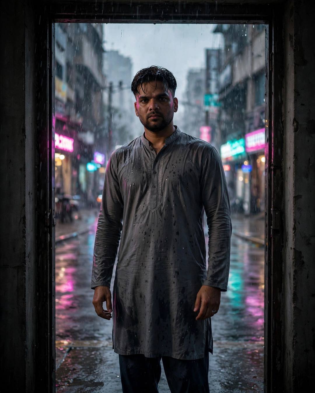 Young man in grey kurta standing in a dark doorway on a rain-soaked neon-lit city street