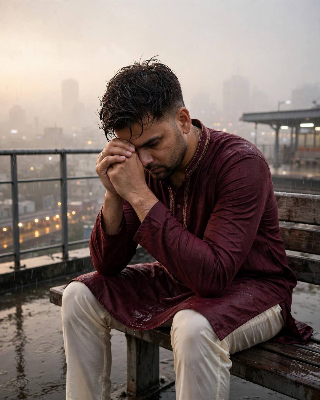 Young man in maroon kurta sitting on a rooftop bench in light rain, head in his hands, sleeping city below
