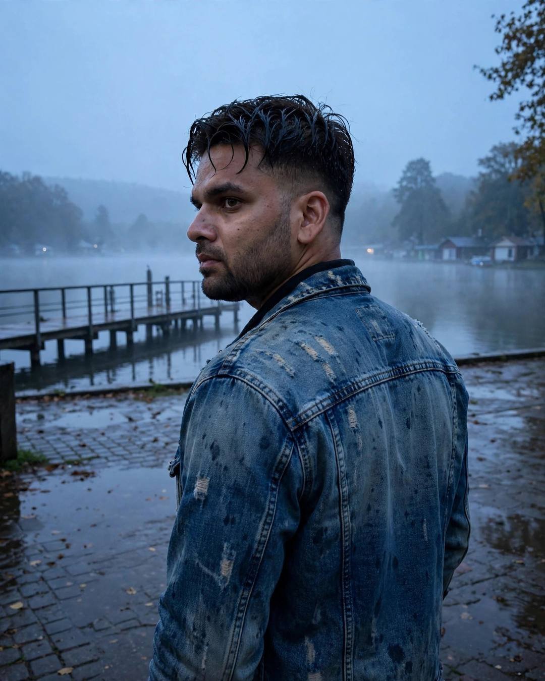 Young Indian man in distressed denim jacket at a misty lake pier at dawn, back to camera, looking over one shoulder