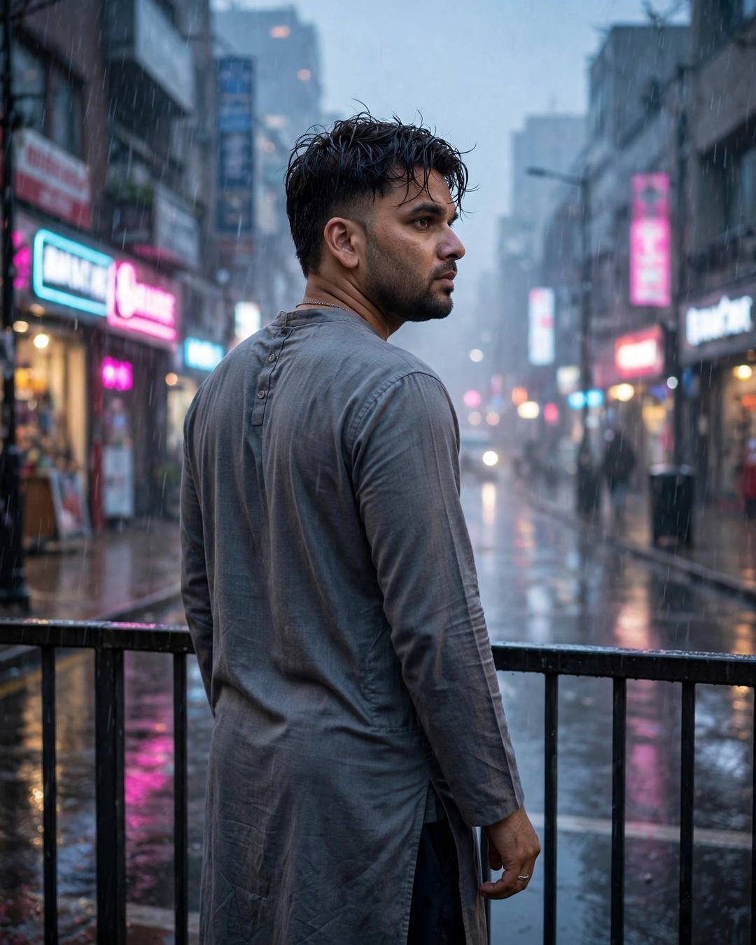 Young Indian man in grey kurta on a rainy neon-lit city street at night, back to camera, looking over one shoulder