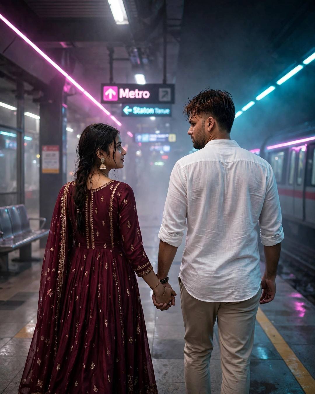 Indian couple walking hand in hand through a neon-lit midnight metro station, woman in maroon anarkali, man in white linen shirt