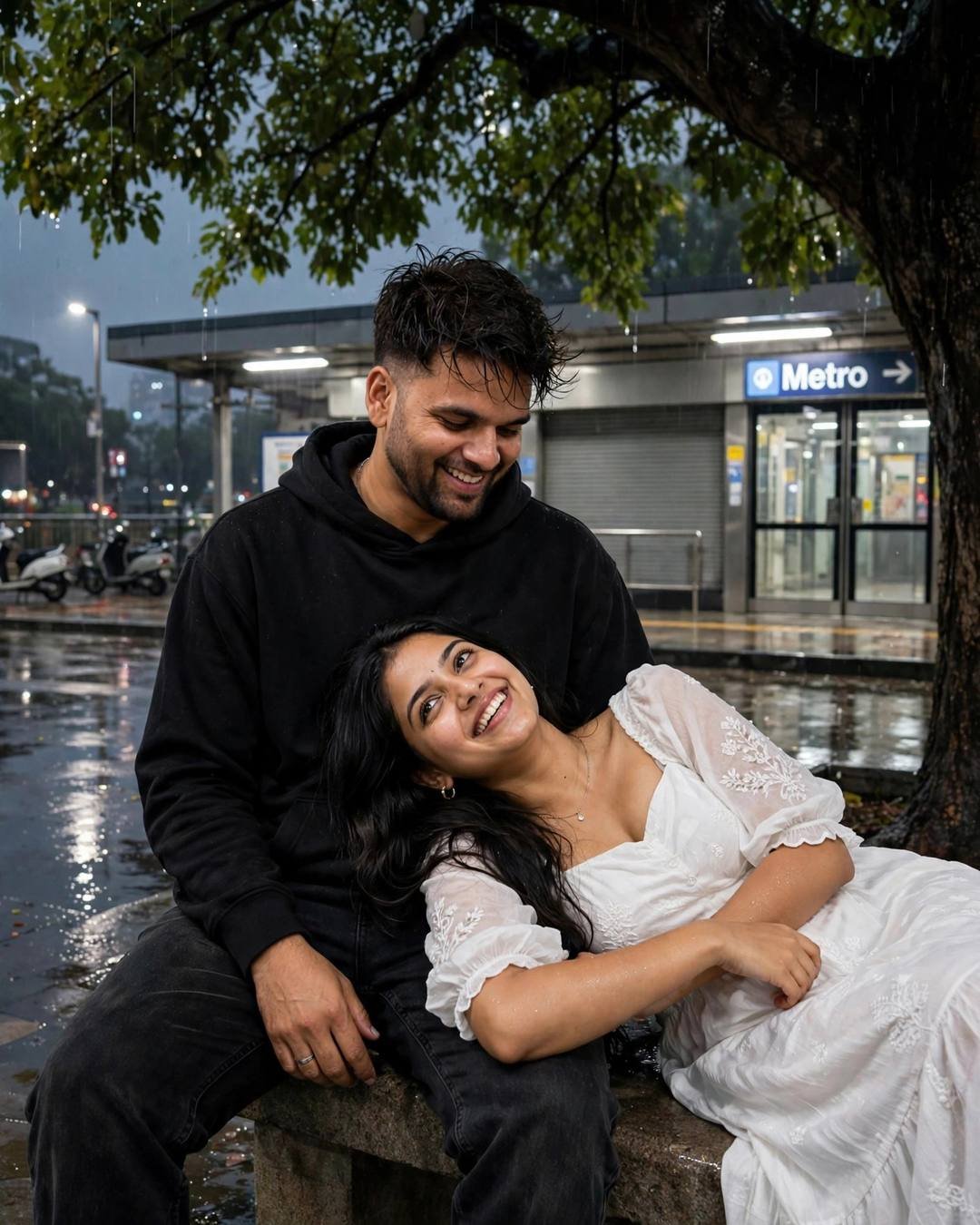 Indian couple under a tree at night, woman in white dress with head in man's lap, both laughing, metro station behind