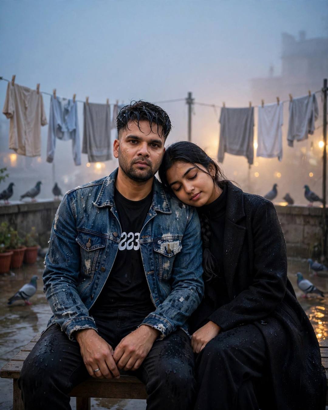 Indian couple on a foggy terrace, woman resting head on man's shoulder, drying clothes lines and pigeons around them