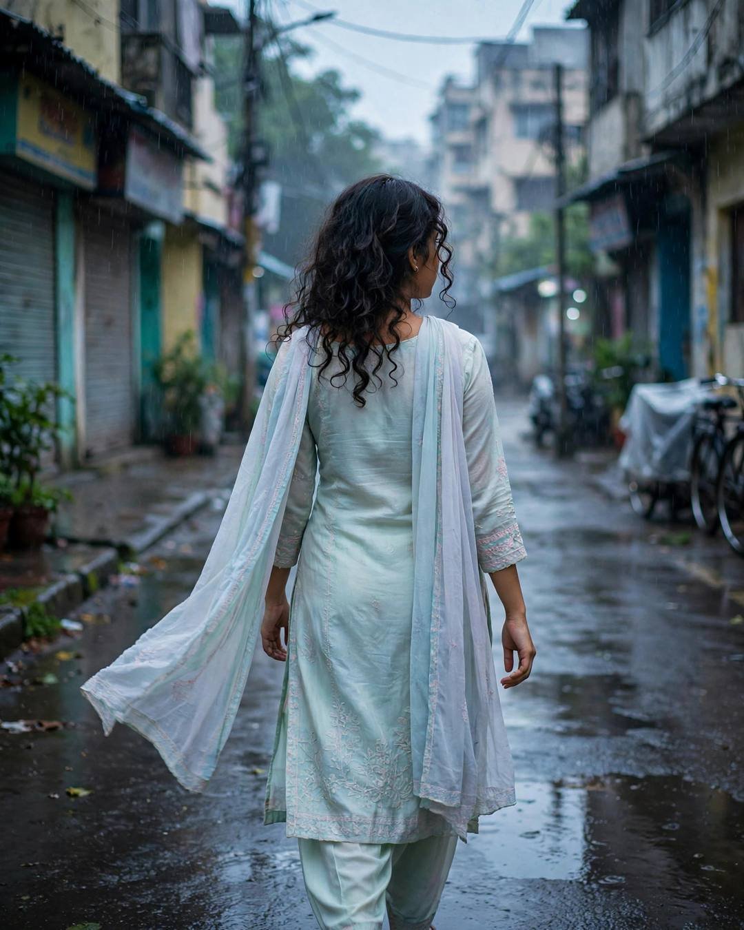 Young Indian woman in pastel salwar-kameez walking away down a rain-soaked city street, dupatta flowing in the wind