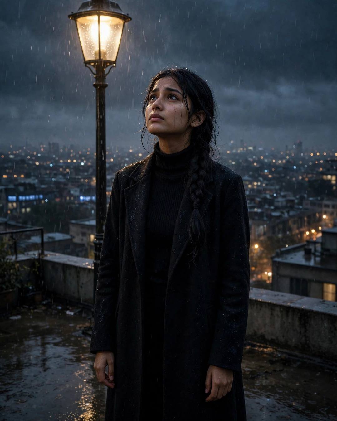 Young Indian woman in black turtleneck and coat standing under a streetlamp in midnight rain, face lifted to the sky