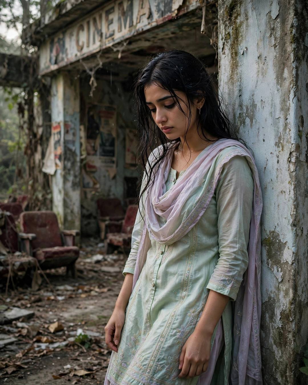 Young Indian woman in pastel salwar-kameez leaning against a weathered wall in an abandoned cinema hall, head bowed
