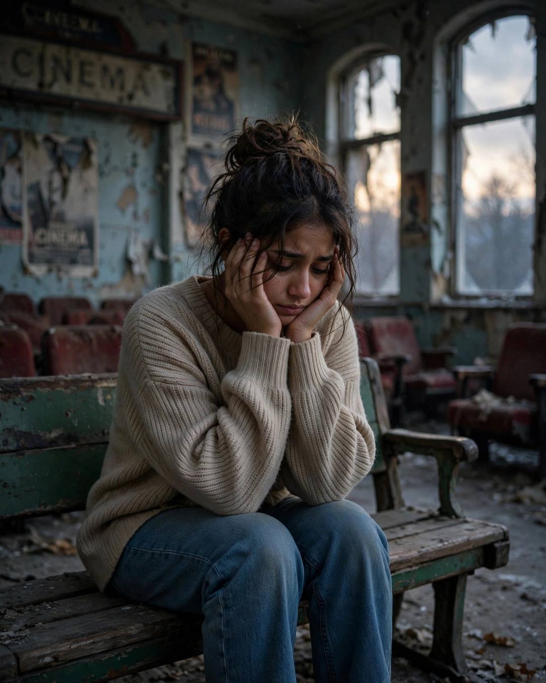 Young Indian woman in beige sweater sitting with head in hands on a bench inside an abandoned cinema hall