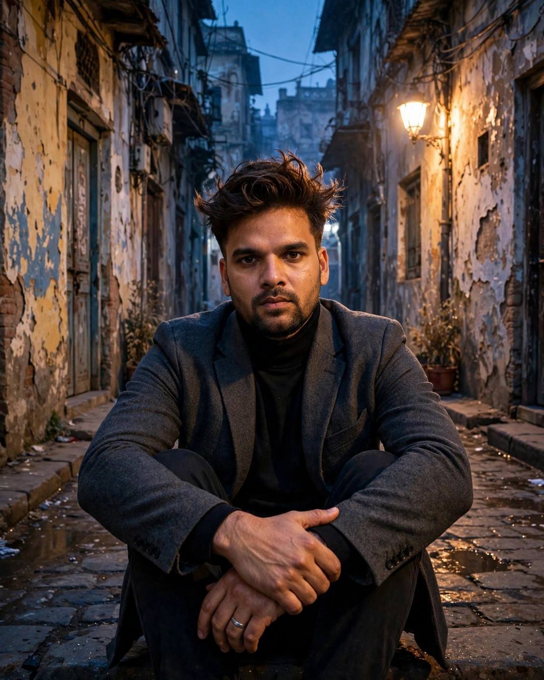 Young Indian man in charcoal blazer and black turtleneck sitting in a narrow old-city lane at blue hour