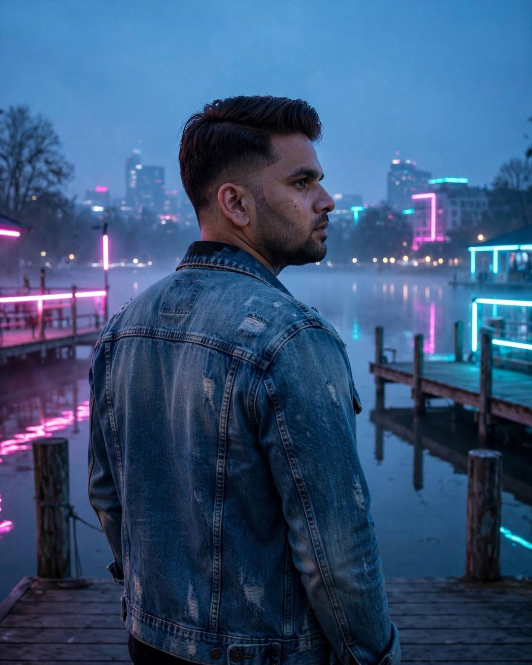Young Indian man in denim jacket looking over his shoulder on a lake pier with neon city reflections